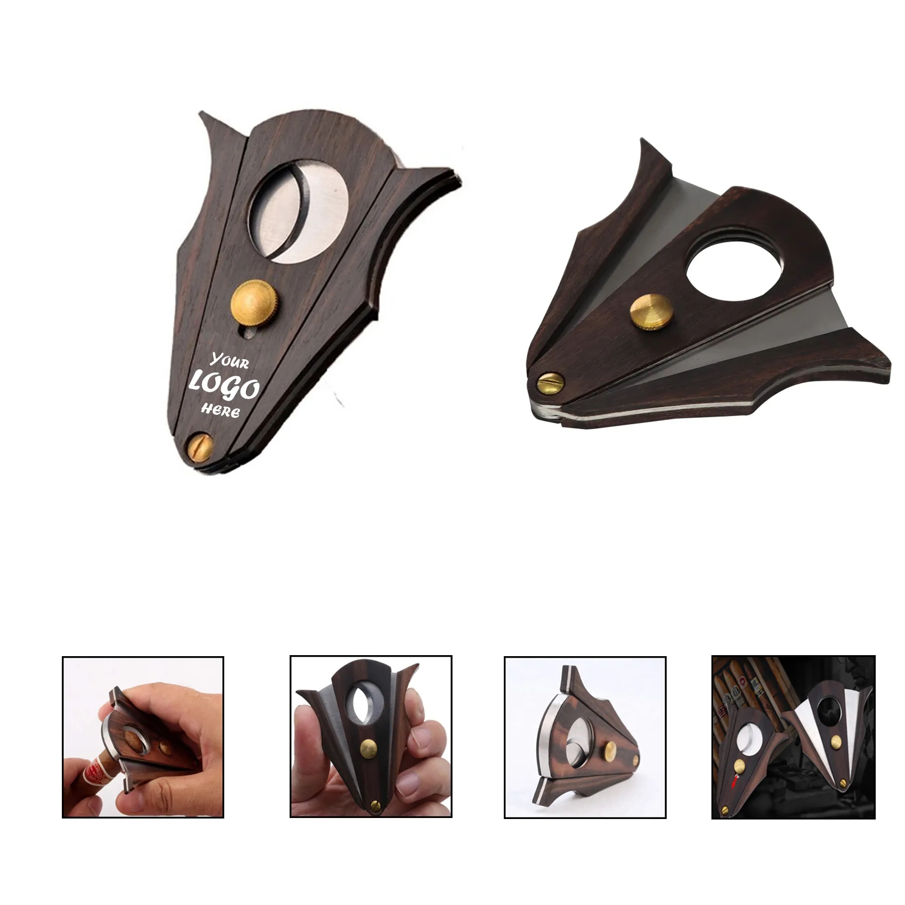 Luxury Ox Horn Shape Cigar Cutter W/ Wooden Body Stainless S