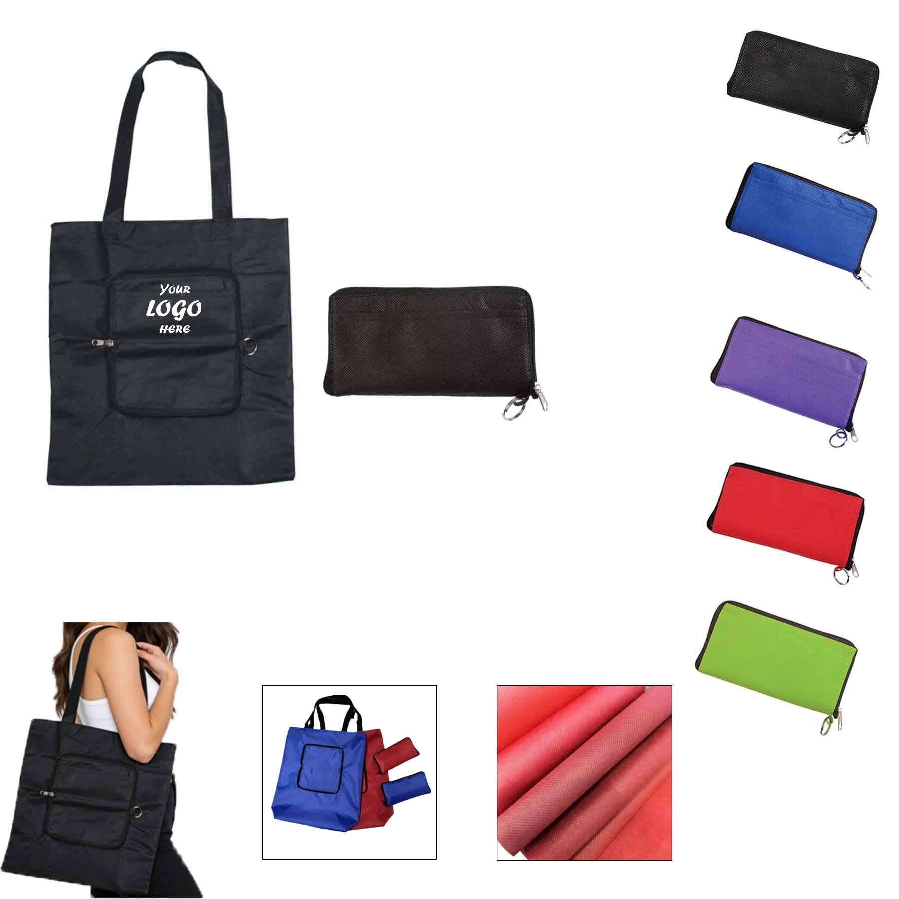 Foldable Non Woven Tote Bag With Zip Storage Pouch