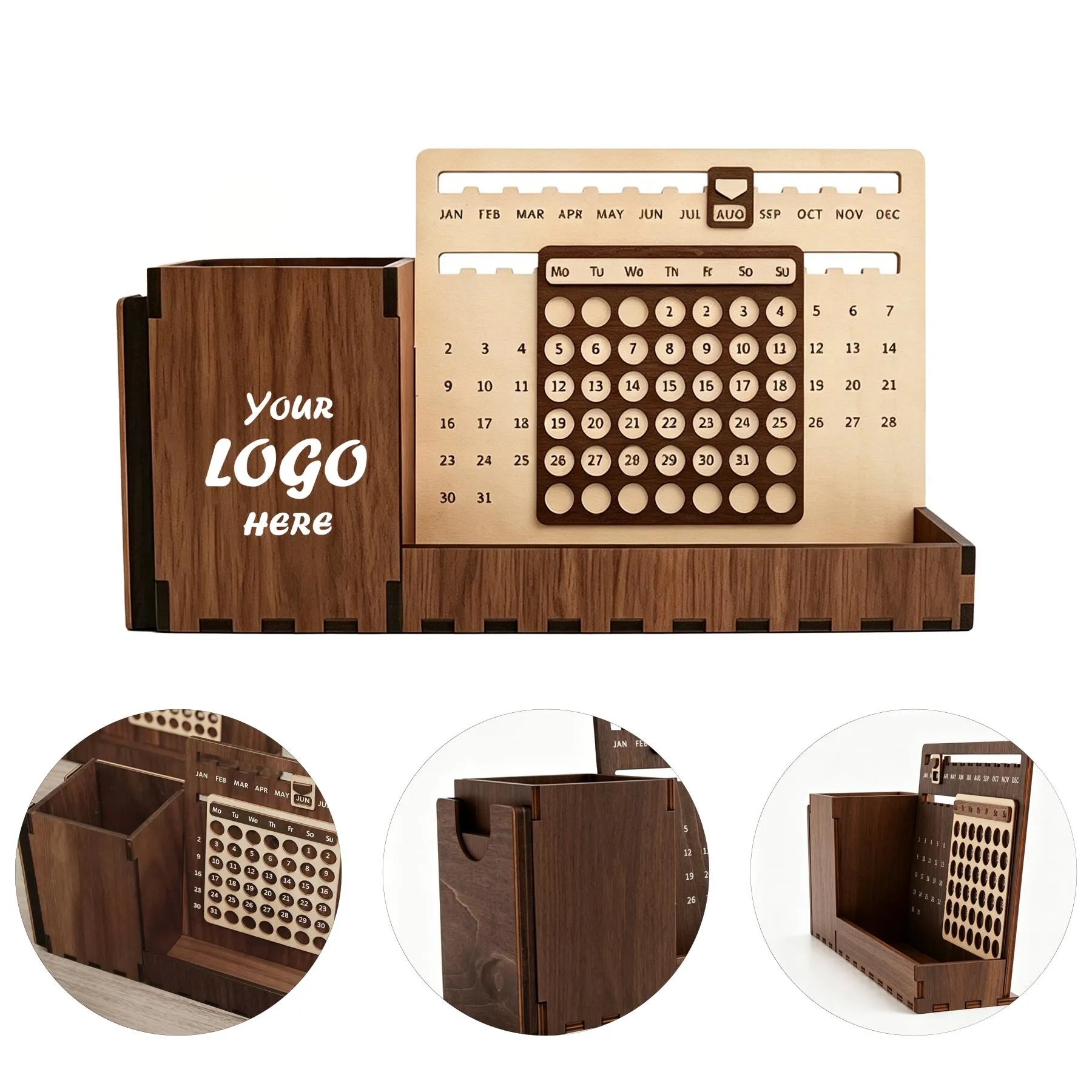 Wooden Perpetual Desk Calendar With Pen Holder Tray