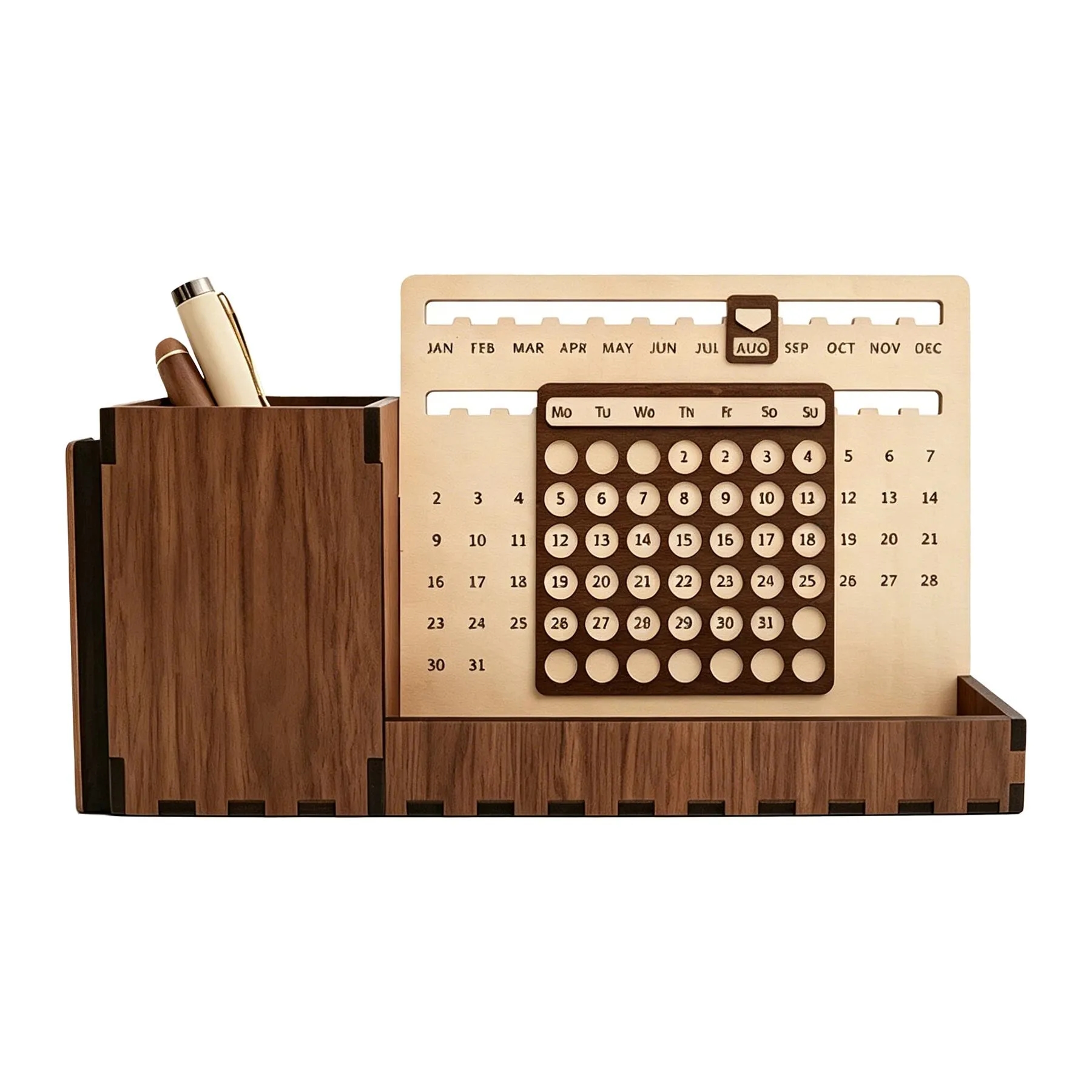 Wooden Perpetual Desk Calendar With Pen Holder Tray - Image 3