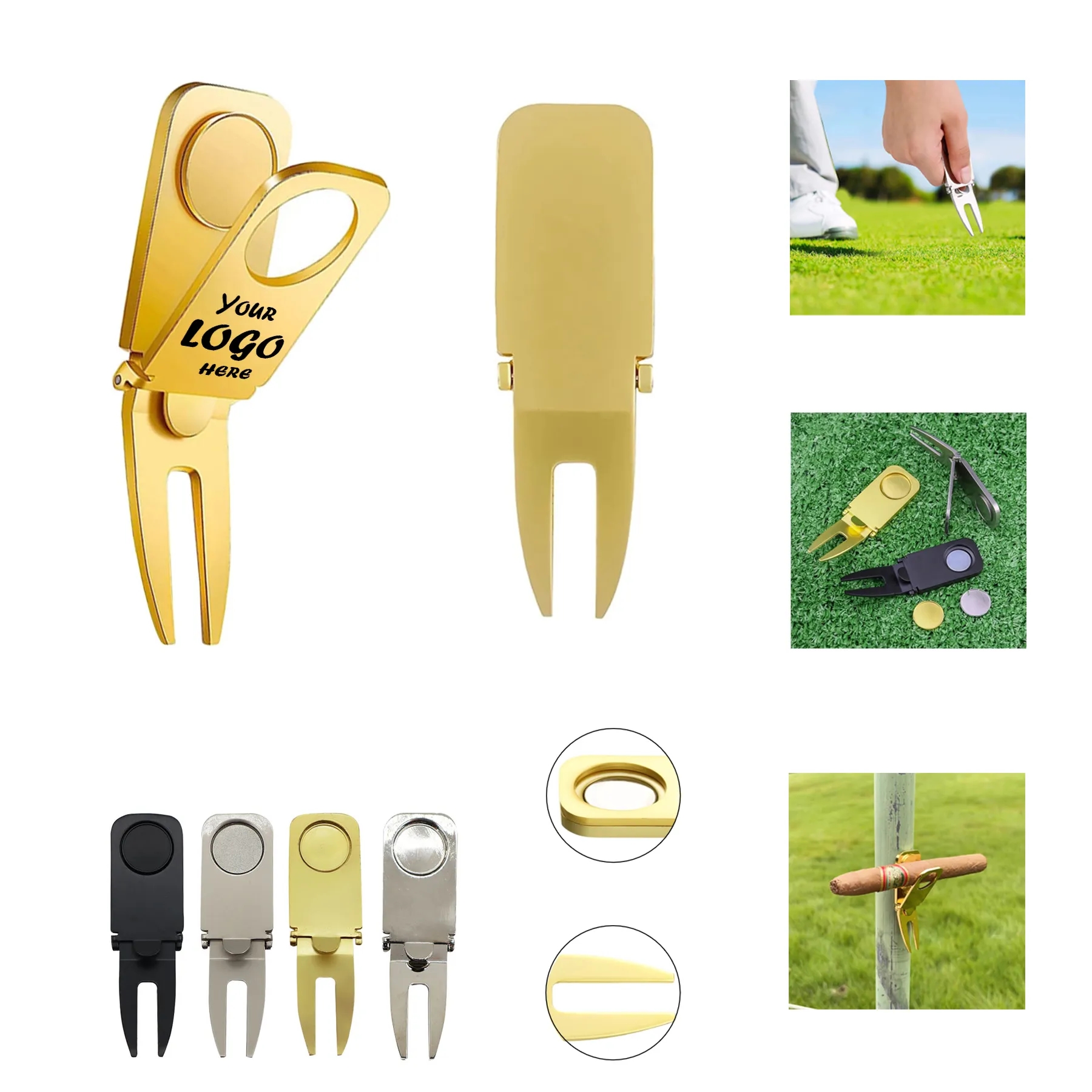 Multifunctional Golf Cigar Holder With Divot Tool And Magnet