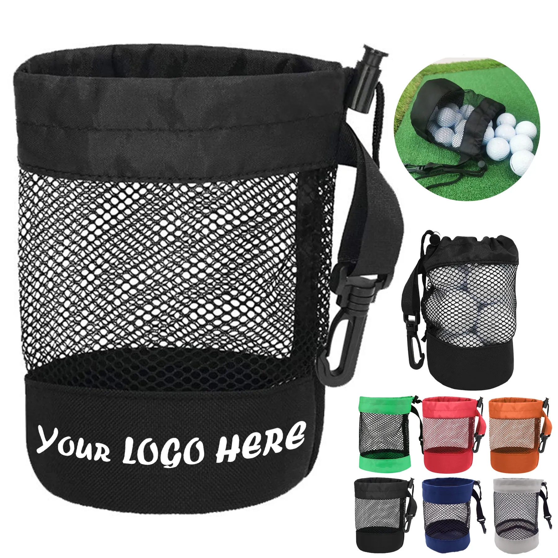 Mesh Golf Ball Drawstring Carry Bag With Buckle Clip