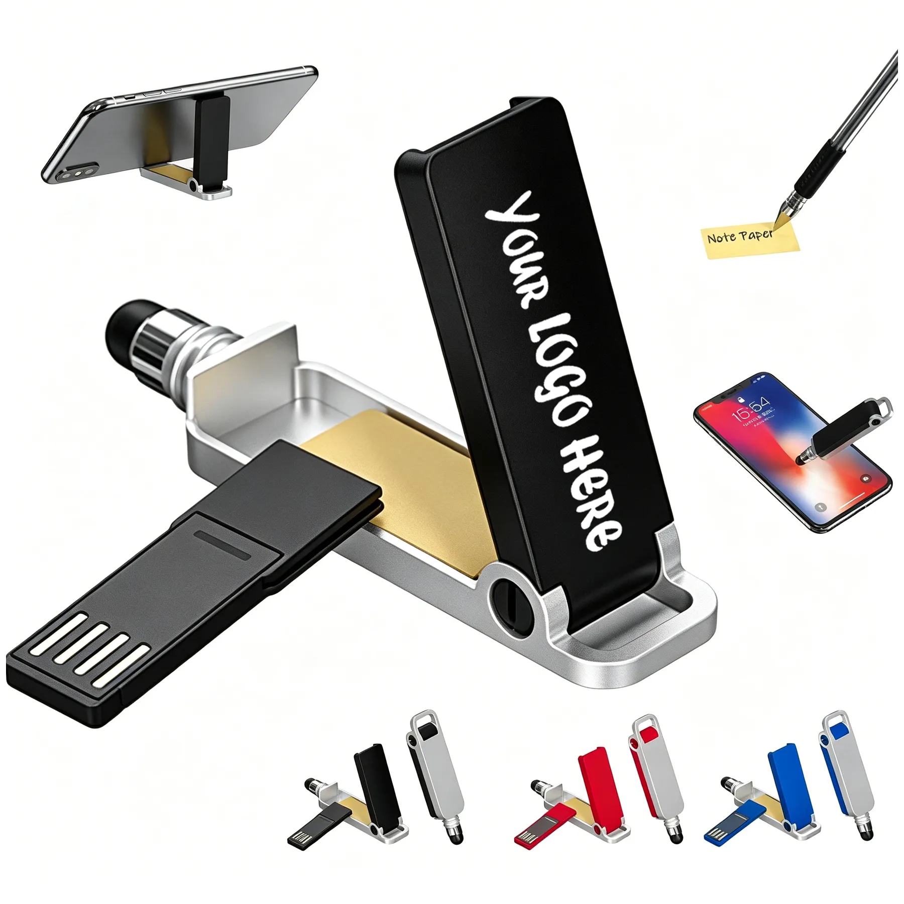 Four-In-One Mobile USB Flash Drive With Stylus Stand