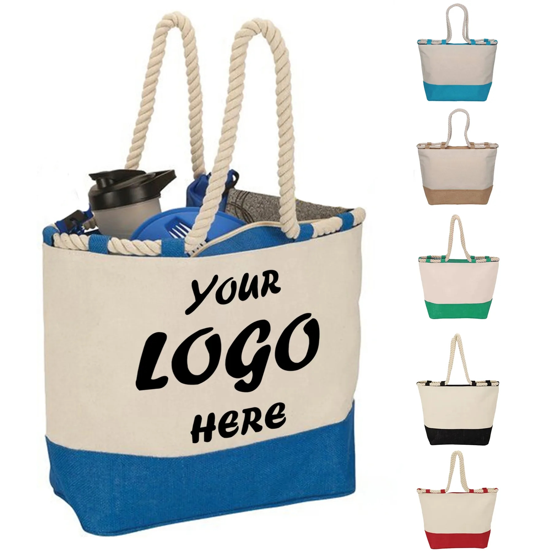 Canvas And Jute Tote Bag With Zipper And Rope Handles
