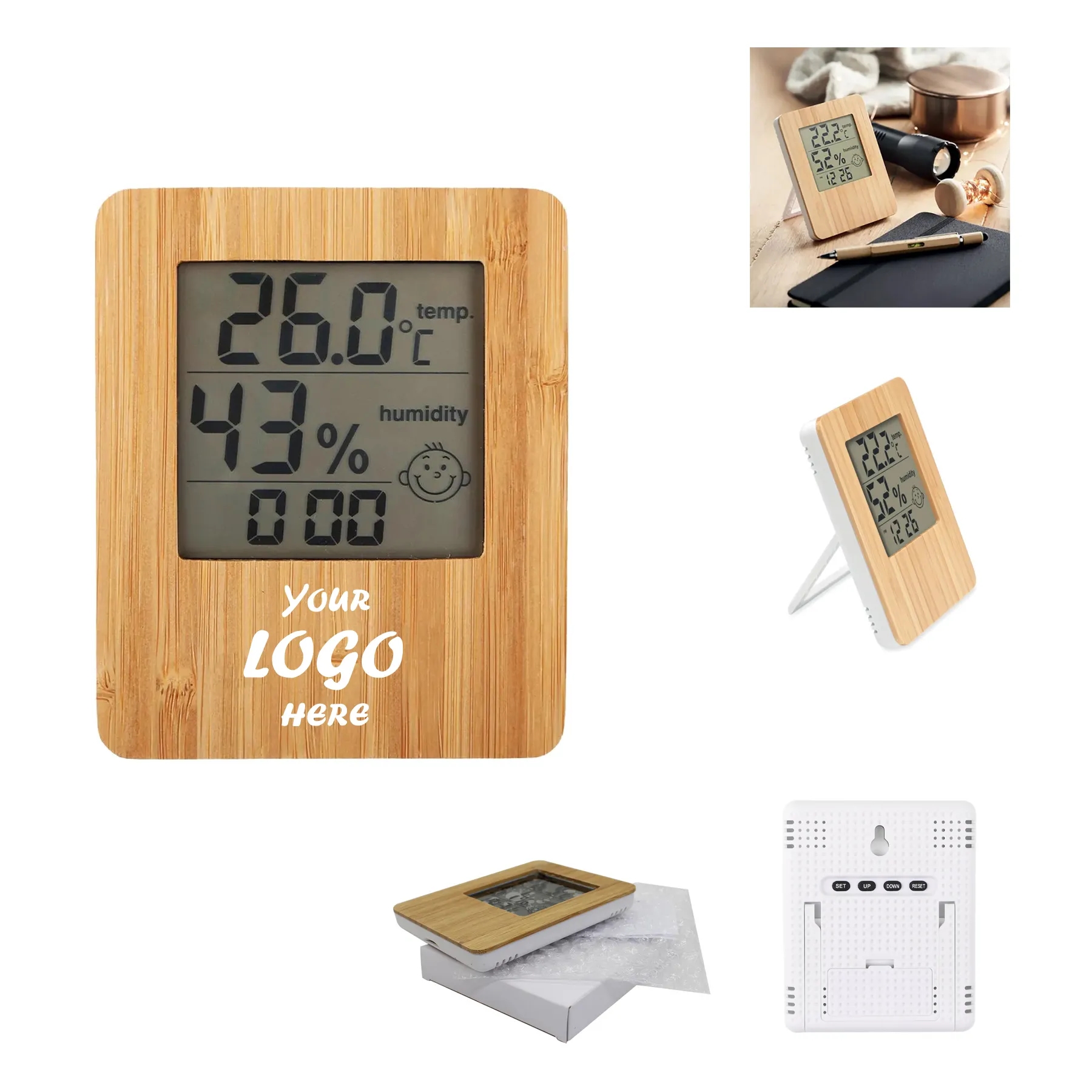 Bamboo Thermometer Hygrometer Clock For Room Comfort