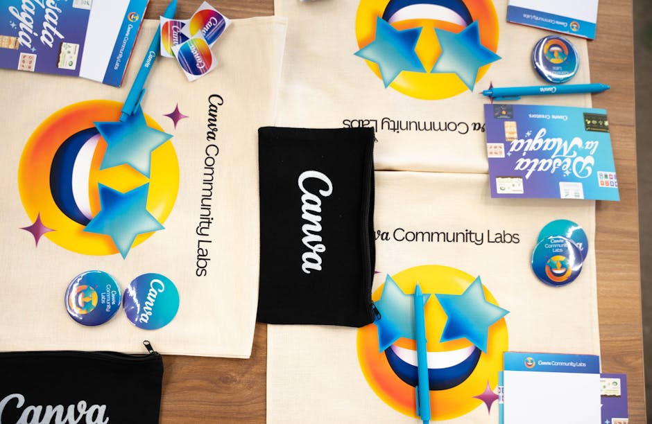 Flat lay of Canva Community Labs merchandise with vibrant design and branding elements.